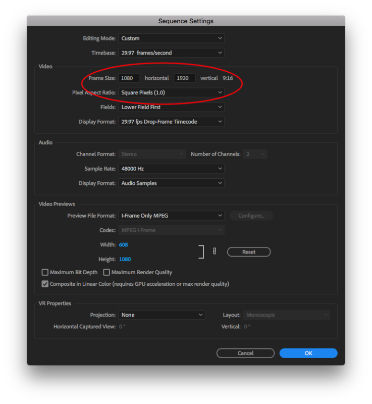 edit sequence settings