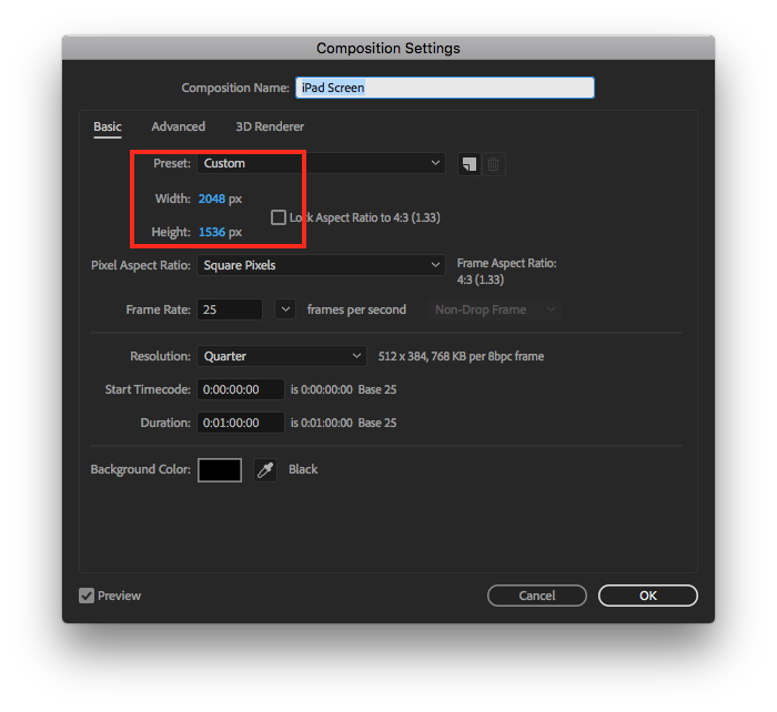 Screenshot of After Effects Composition Settings with Preset, Width and Height Highlighted
