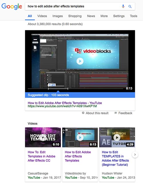 YouTube videos displayed on Google