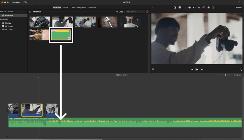Drag audio clips onto iMovie timeline to add audio
