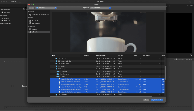 Select footage and audio to import to iMovie