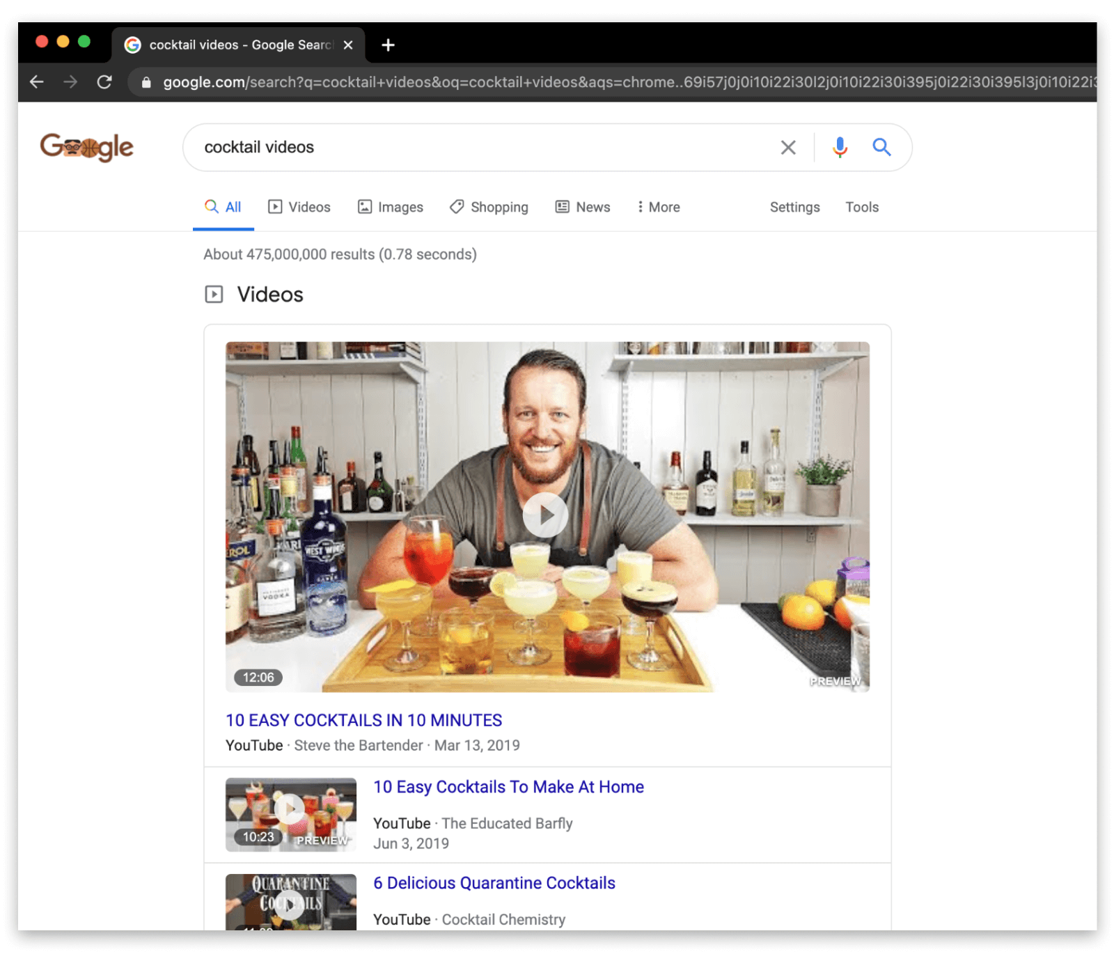 Searching for 'cocktail videos' in Google to discover YouTube waterworks ideas