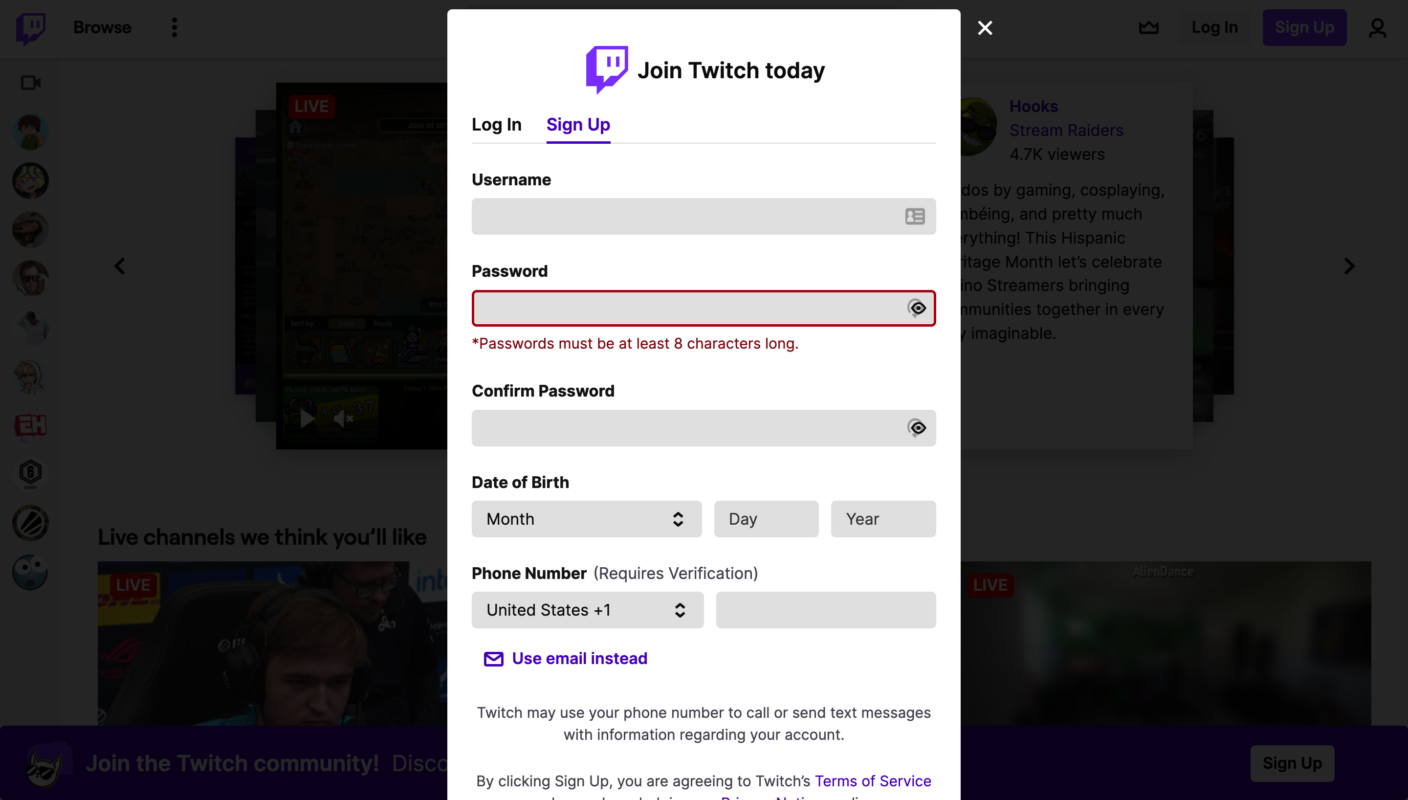 Creating an Account with Twitch