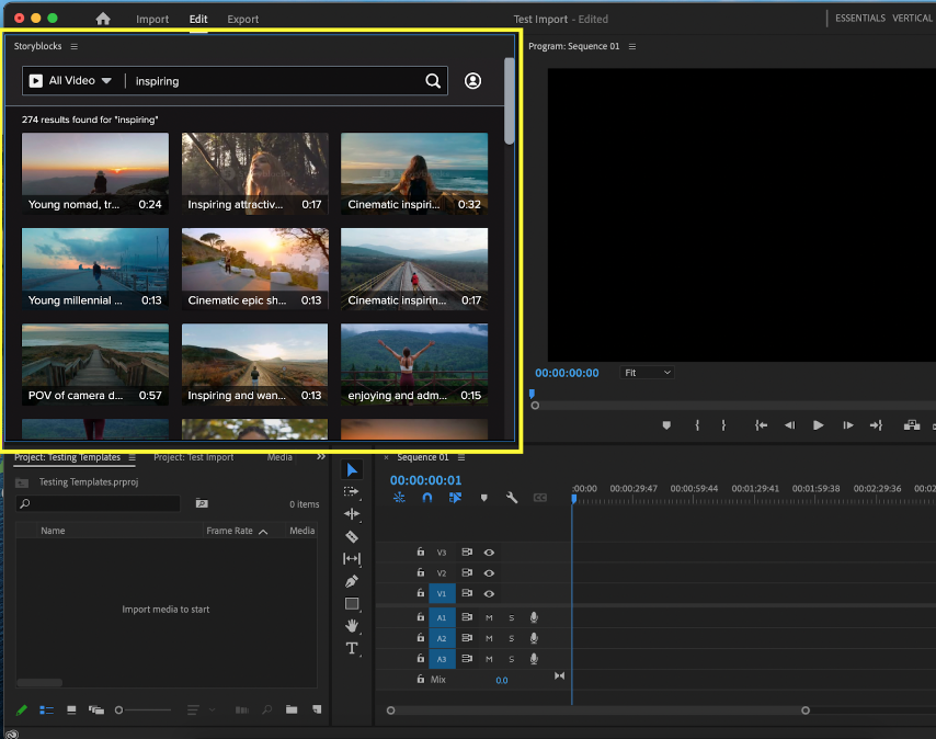 A screen capture of the Storyblocks Plugin for Adobe Creative Cloud in Premiere Pro. Example of how Premiere Pro Plugins work.