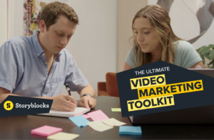 Video marketing tools are included in the ultimate video marketing toolkit, which is shown overtop an image of a man and a woman working at a desk together.