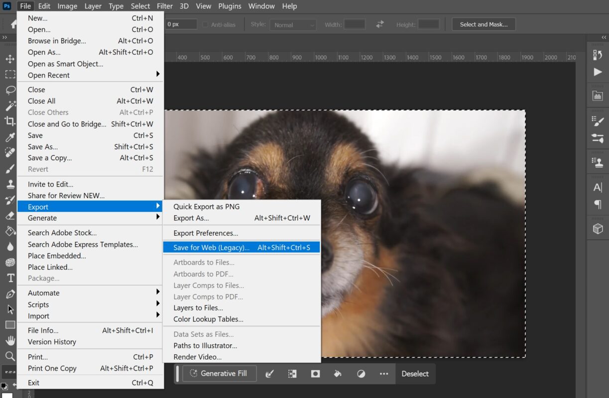 How to make a GIF in Photoshop step 5. Select File from the top navigation, then Export > Save for Web